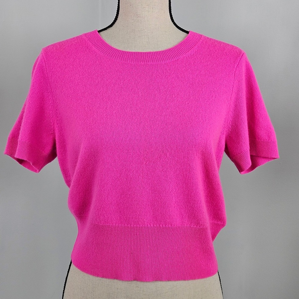 J.Crew Cashmere Sweater Women Medium Hot Pink Short Sleeve Crew Neck FLAWS
